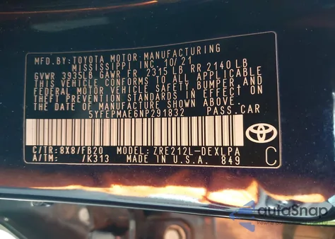 2022 Toyota Corolla Le из США, поврежденный, VIN 5YFEPMAE6NP291832